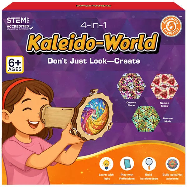 Butterfly EduFields 4in1 KaleidoWorld DIY Wooden Kaleidoscope Toy for Kids 6+ | Infinite Patterns - Space, Aqua, Unicorn, Jurassic | Magic Rotating & Fillable Kaleidoscope Kit | Best Gifts for Kids