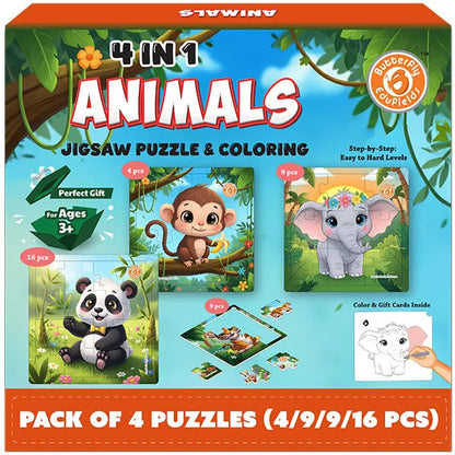 4-in-1 Animals Jigsaw Puzzle Set for Kids 3–7 Years | 38 Pcs Preschool Educational Toy with Coloring Worksheets