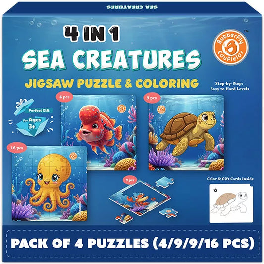 4-in-1 Sea Creatures Jigsaw Puzzle Set for Kids 3–7 Years | 38 Pcs Preschool Learning Toy with coloring sheets