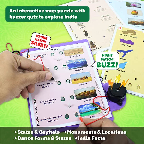 Buzzing India Map Jigsaw Puzzle for Kids 6–14 – Interactive Buzzer Quiz Game | States, Capitals, Monuments & Dance Forms