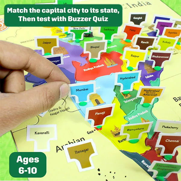Buzzing India Map Jigsaw Puzzle for Kids 6–14 – Interactive Buzzer Quiz Game | States, Capitals, Monuments & Dance Forms