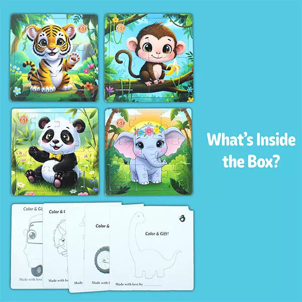4-in-1 Animals Jigsaw Puzzle Set for Kids 3–7 Years | 38 Pcs Preschool Educational Toy with Coloring Worksheets