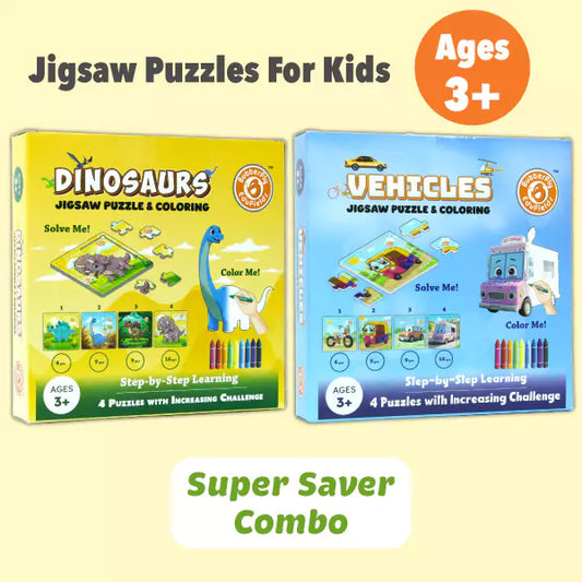 Butterfly Edufields Jigsaw Puzzle Combo – 8-in-1 Vehicles & Dinosaurs Set for Kids (Ages 3–7)