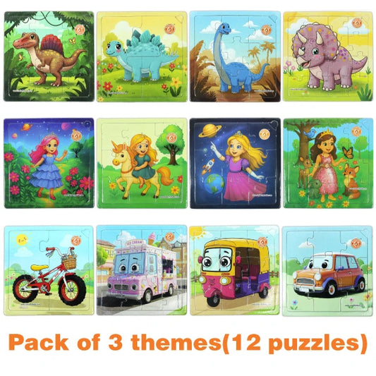 Butterfly Edufields 12-in-1 Jigsaw Puzzle Combo for Kids – Vehicles, Dinosaurs & Princess Unicorn Themes (Ages 3–7)
